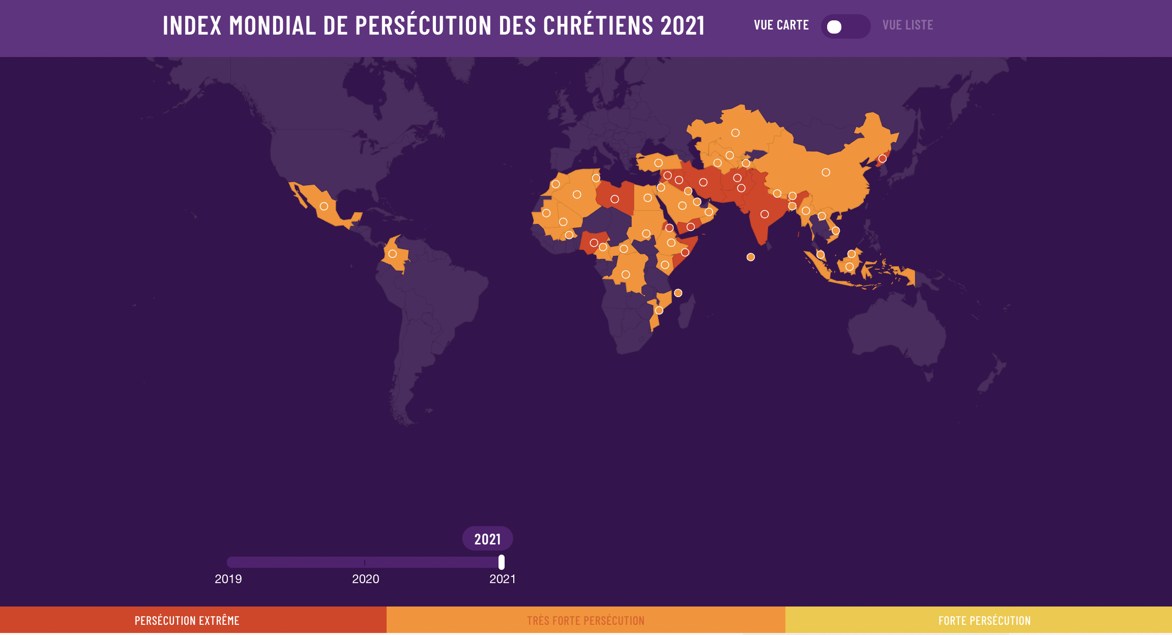 image du globe montrant les pays où la persécution des chrétiens est forte